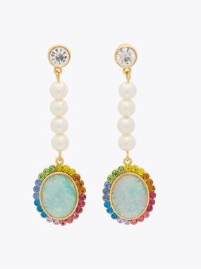 NWT Kurt Geiger Regency Gold Pearl Droplet Earrings with Rainbow Opal Centers